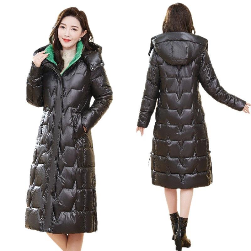 Women's cotton-padded clothes, winter medium and long over-knee glossy leave-in, thickened, slim and thin, warm cotton-padded jacket