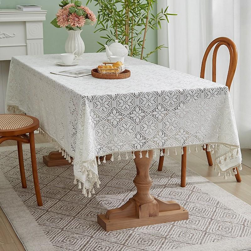 American Retro Style Tablecloth Premium Rectangular Tassel Table Mat Photo Background Cloth Knitted Hollow Atmosphere Dustproof Decorative Fabric