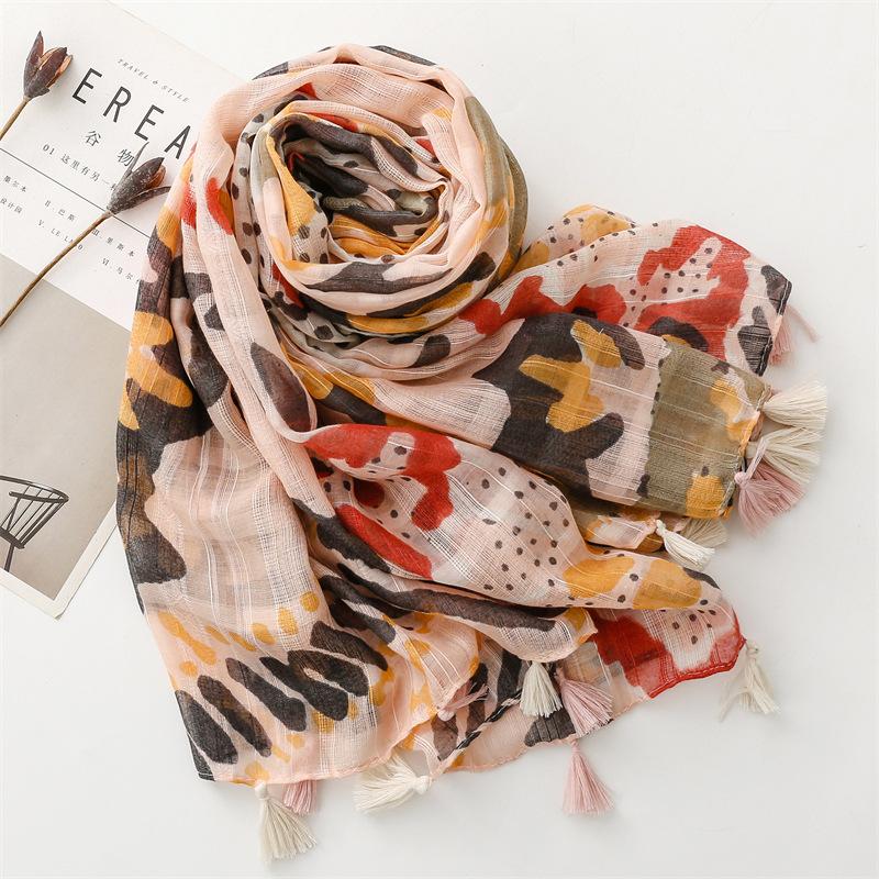 Vier Jahreszeiten Weiche Baumwolle Leinen Handgefühl Schal Bambusgarn Gepunkteter Leopardenprint Camouflage Damen Reiseschal