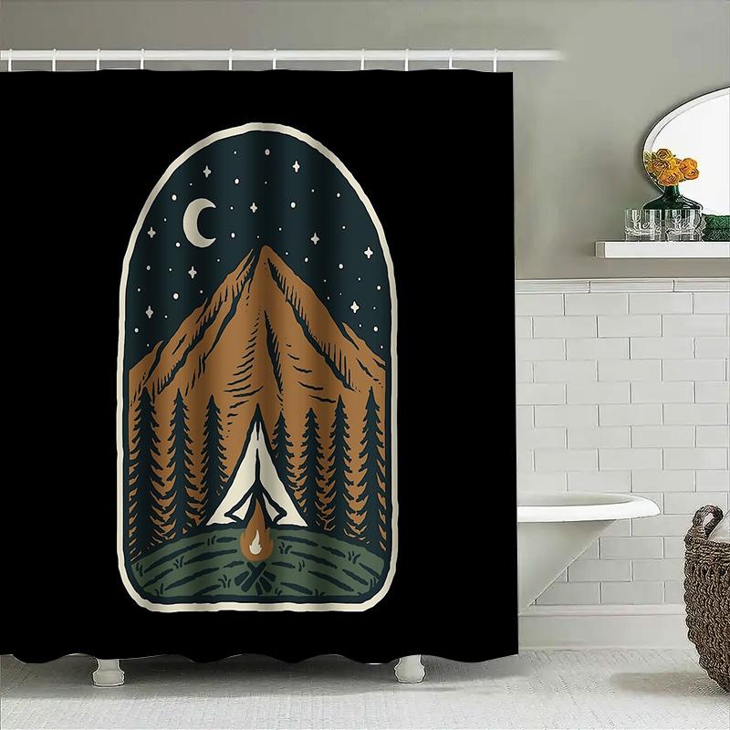 Mountain Forest Campfire Nature Landscape Shower Curtain Woodsy Hiking Backdrop Tent Camping Decor Rustic Home Decor