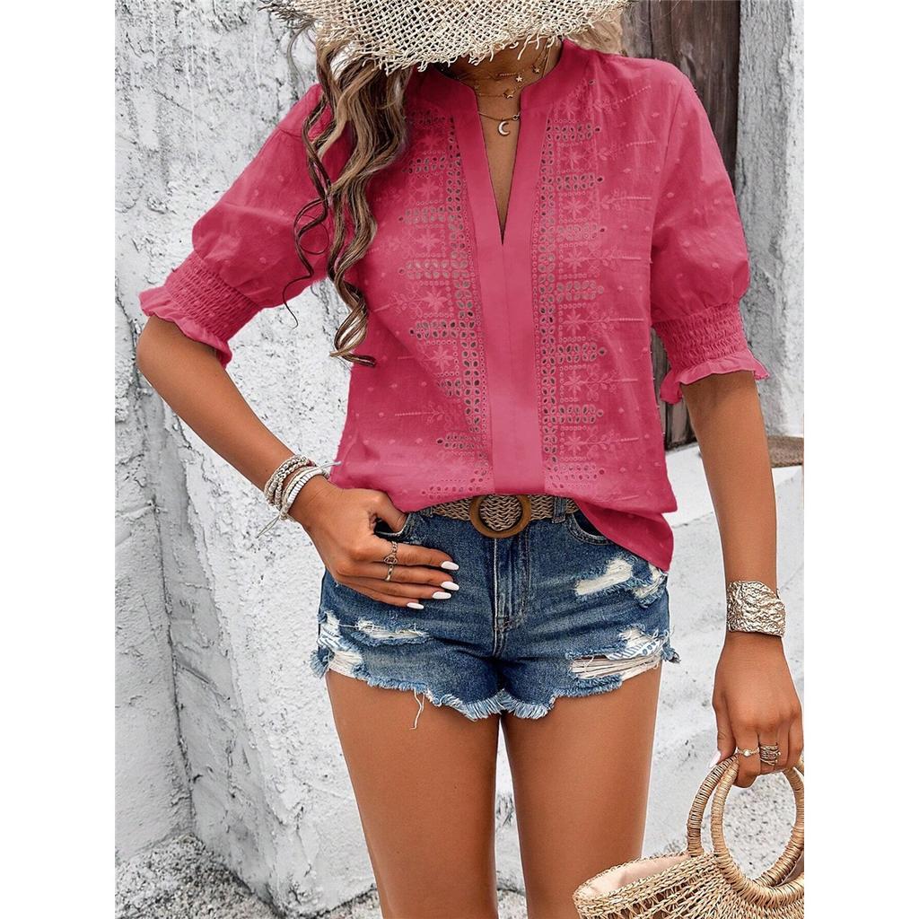 Women's Summer T-shirt Solid Color V-neck Puff Sleeve Hollow T-shirt