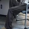 Dark Grey Heart Pattern Wide Leg High Waist Petite Women's Trousers - Spring/Summer Casual Straight Leg Floor Length Pants