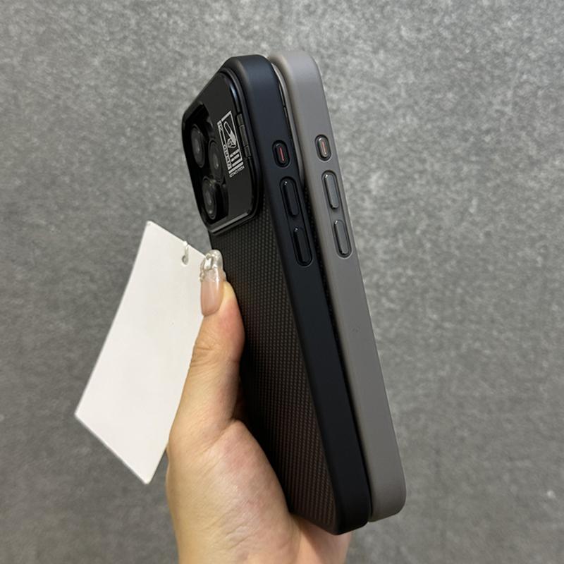 Titanium Gray Metal Lens Holder Carbon Fiber Phone Case for iPhone 15 14 13 Pro Max Full Shockproof Metal Button Hard Back Cover