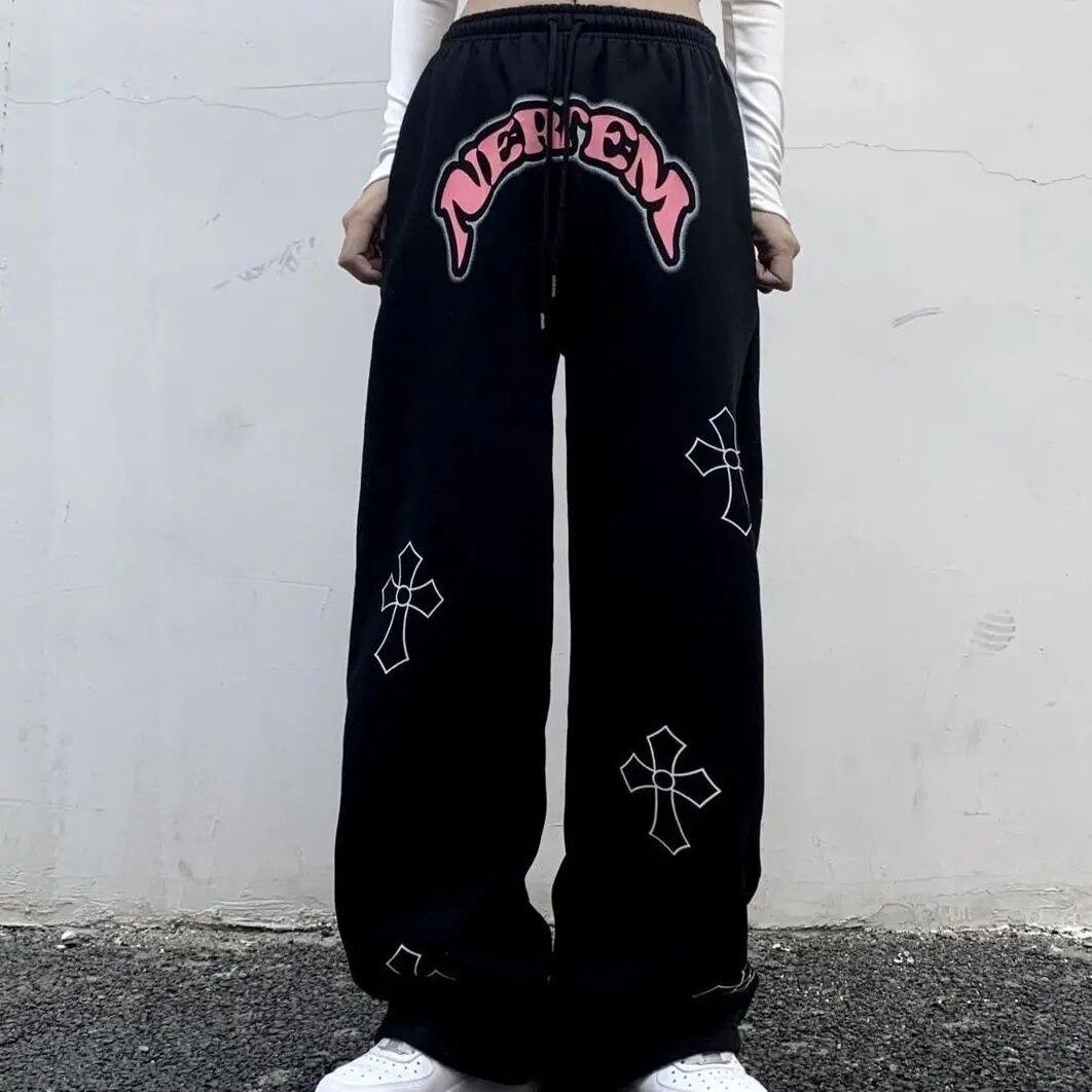 

Уличная одежда, модные женские спортивные штаны, весна-лето, хип-хоп, винтажные, с перекрестным принтом, с эластичной резинкой на талии, спортивные повседневные брюки для бега S