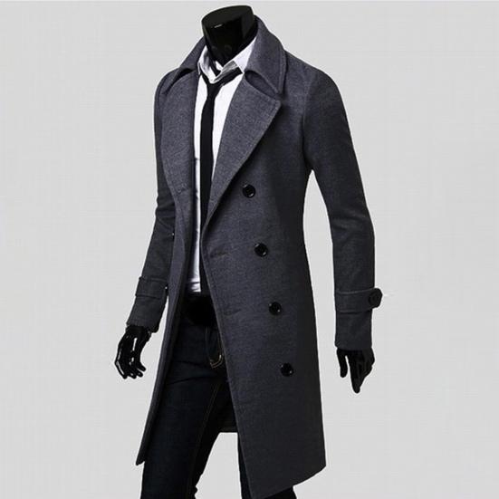 Long Trench Coat Double-breasted Solid Color Autumn Winter Windproof Thick Jacket for Daily Wear