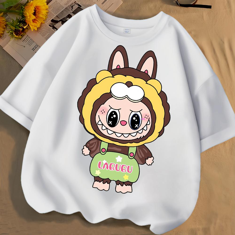 Cute Labubu2025 New Girls' Short Sleeved Round Neck Loose and Versatile Children's T-shirt Casual Cute Cartoon Top
