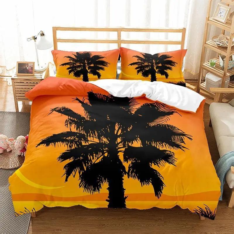 Beach Duvet Cover Twin King Size Microfiber Coconut Palm Trees Bedding Set Sunset Tropical Sandy Beach Landscape Comforter Cover