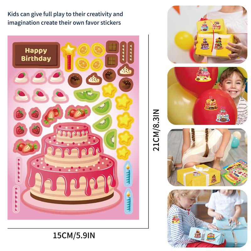 Make-a-Cake Sticker Sheets DIY Make Your Own Birthday Cake Puzzle Stickers for Kids Boys Girls Party Favor Games Toys Gifts
