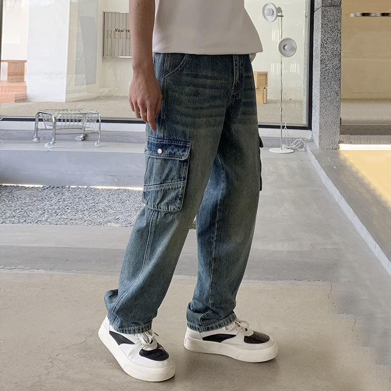 Heavy industry washed jeans men's new loose mopping trousers straight men's casual trendy fashion tooling pants