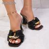 Metal Decor Women's High Heels Sandals Summer  Fashion Square Toe Thick Heel Pumps Woman Elegant Purple Dress Party Sandals