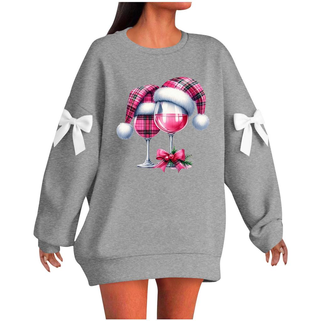 Ladies' Christmas Printed Bow Round Neck Long Sleeved Loose Pullover Sweater Sweatshirt Top
