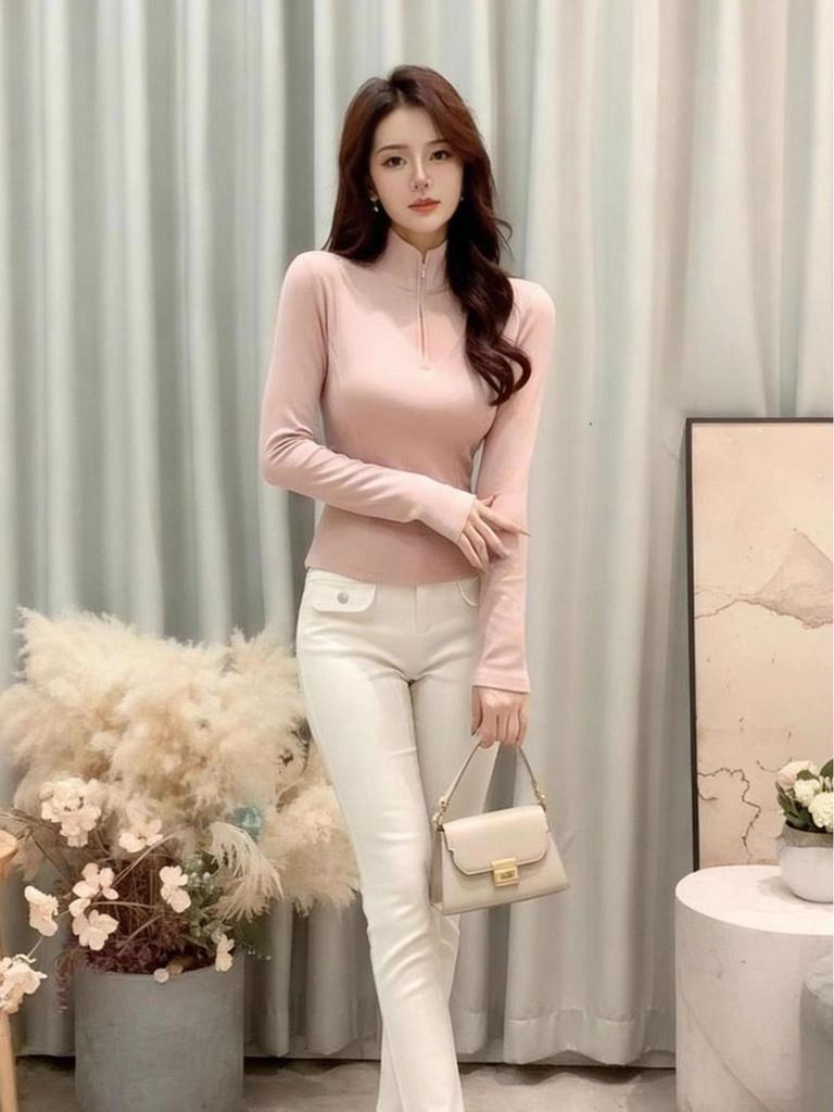 Women's Slimming Half-Zip Lapel T-Shirt - American Minimalist Style for Autumn/Winter
