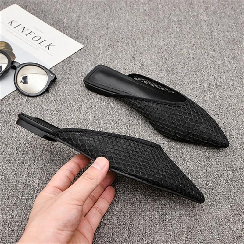 Fashion Women's Pointed Toe Slippers 2024 Summer Designer Mesh Beach Flat Shoes Slides Outside Mules Gladiator Sandals Zapatos De Mujer