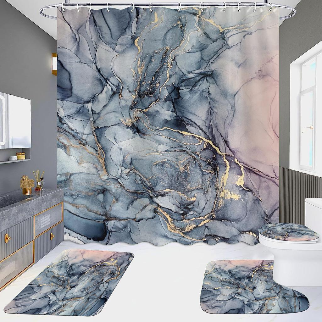 4Pcs Marble Series Shower Curtain Sets for Bathroom Non-Slip Bathroom Rugs Lid Toilet Cover Bath Mat