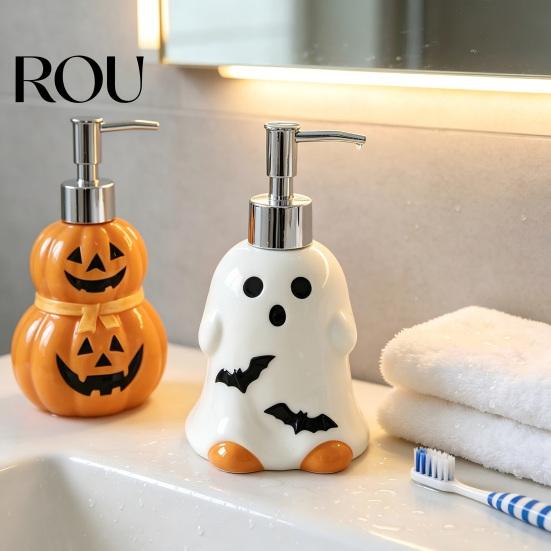 Empty Lotion Container Halloween Ceramic Ghost Soap Dispenser, with Stainless Steel Pump, Pumpkin Refillable Hand Bottle Liquid Container, Shower Gel