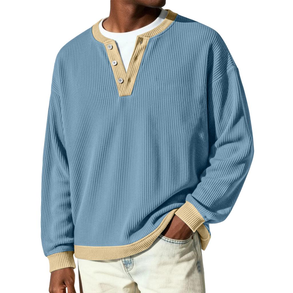 Men's Button-Down Collar Long-Sleeve Ribbed Knit Pullover