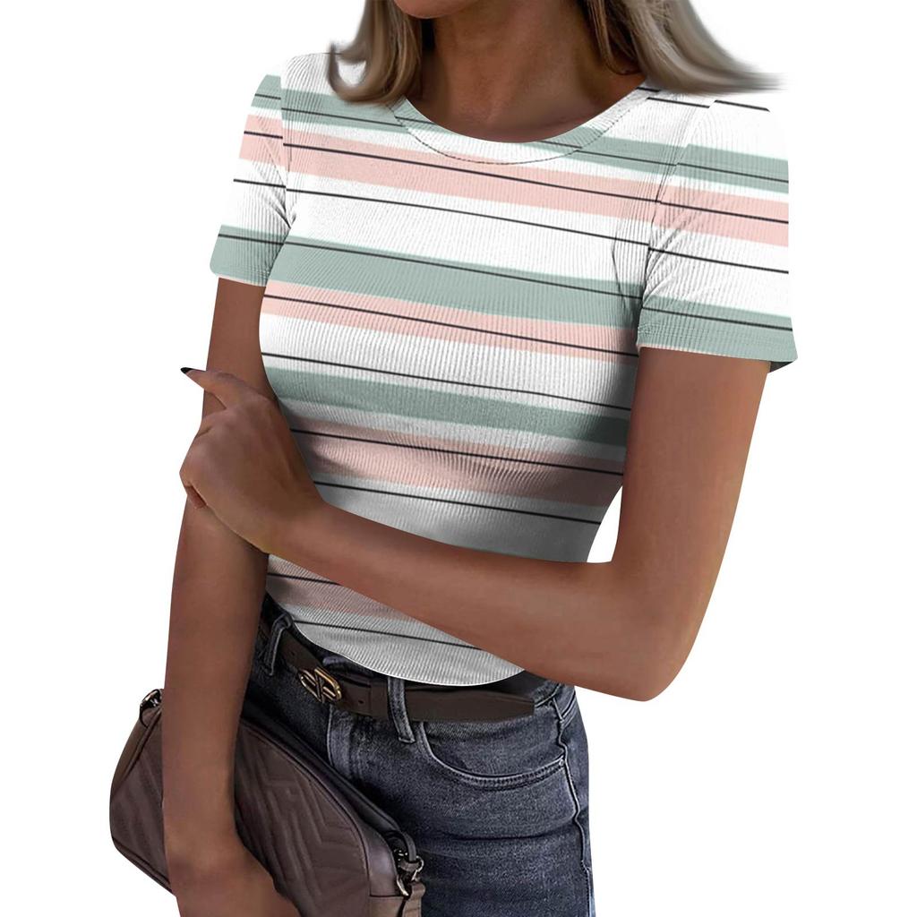 Damen Slim Fit T-Shirt Mode Lässig Rundhals Pullover Kurzarm Top