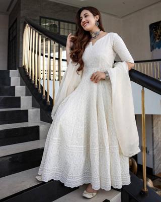 Women Designer Anarkali Cotton Blend Kurta Dupatta Set Indian Party Wear Ethnic Kurti Gown