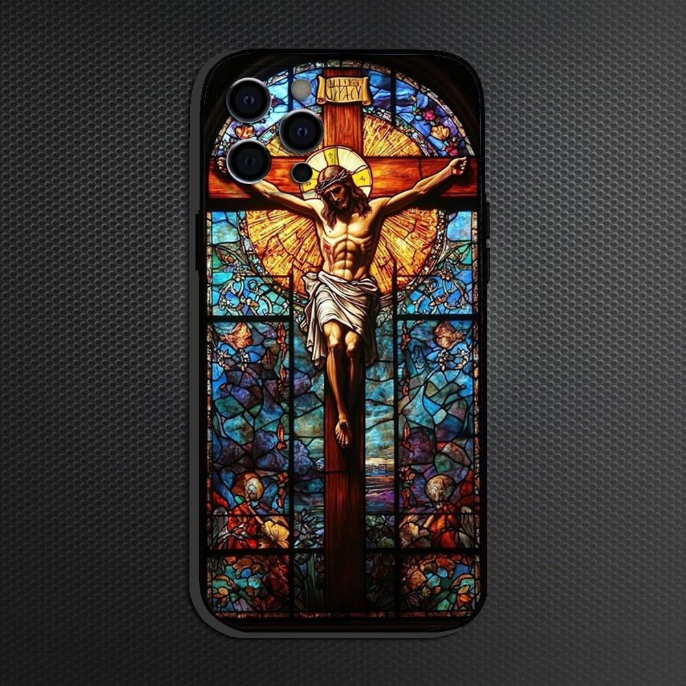 Classic Church Glass Jesus Christ Phone Case For iPhone 16,15,14,13,12,11 Plus,Pro Max, Soft Silicone Black Cover
