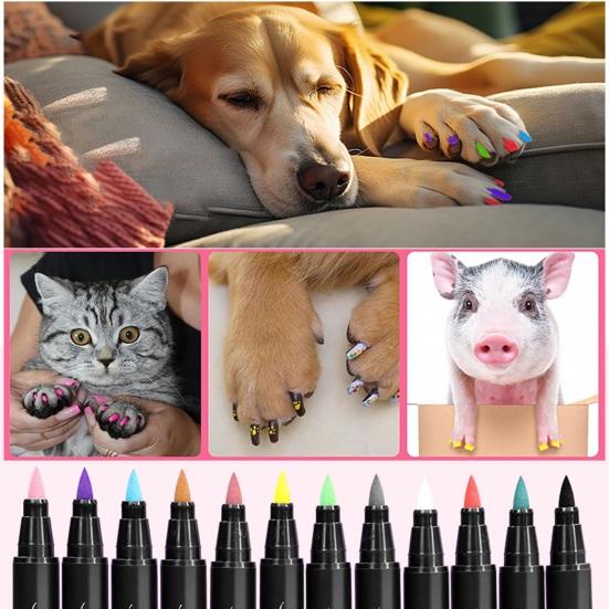 Yousheng 12-Color Pet Nail Art Pen Set Quick Dry Dog Nail Polish Pens for Puppy Cat Soft Brush Tip Creative Pet Grooming