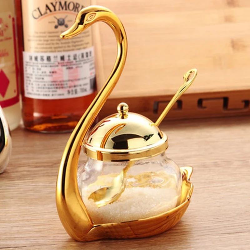 Top Aluminum alloy Condiment Pot Seasoning Container Spice Glass Jar Salt Sugar Bowl Pepper Coffee Storage Organizer Swan MJ