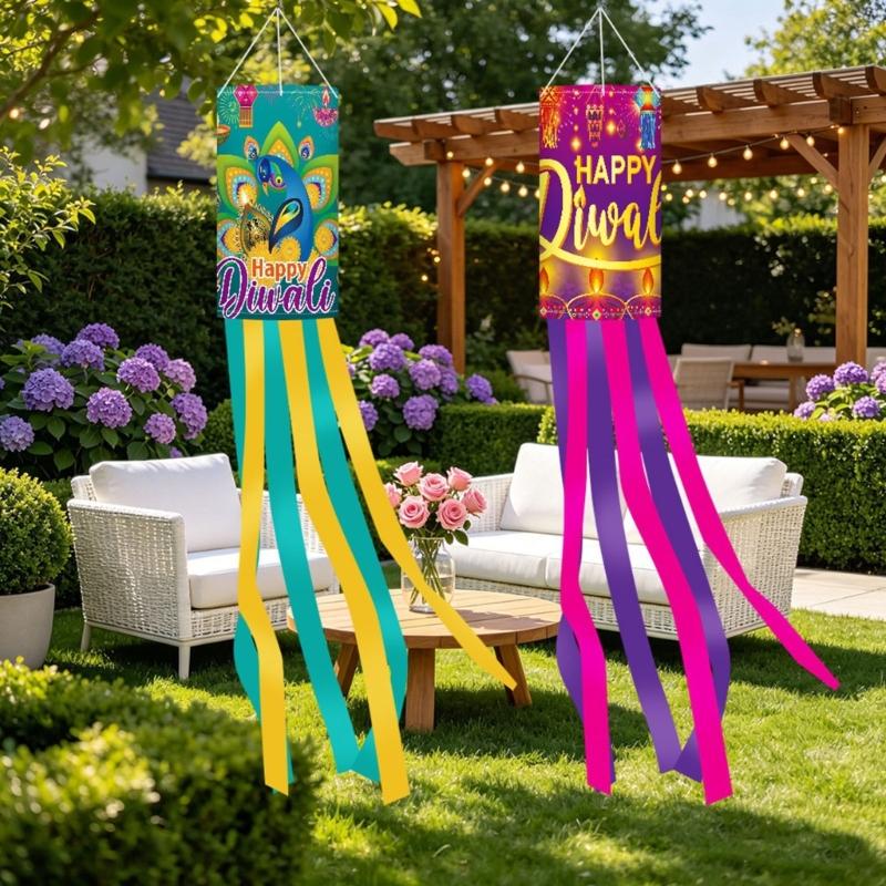Front Door Diwali Windsock Decoration Hanging Festival Decors with Polyester Fabric and Ribbon Tails for Patio Space