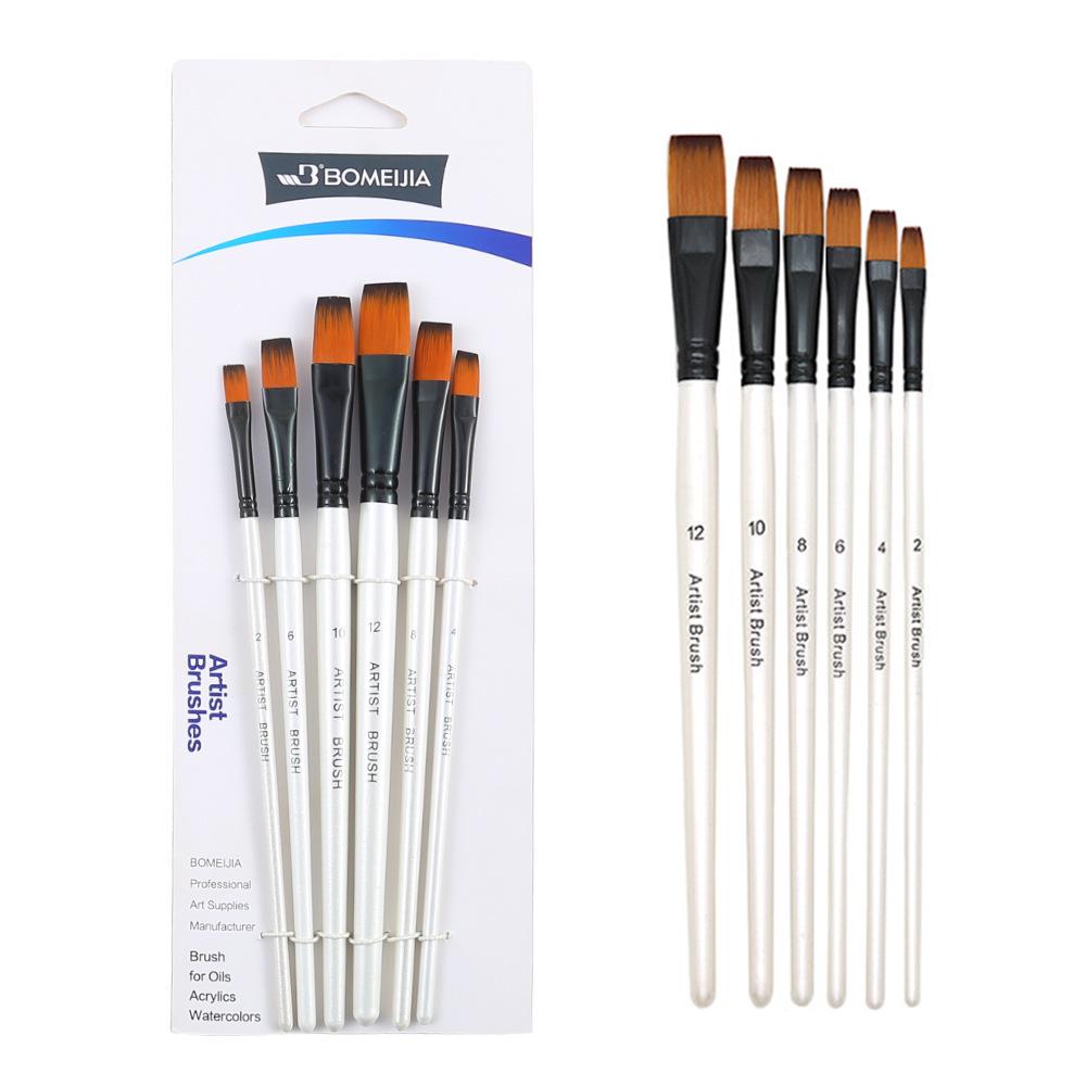 Six-Piece Nylon Hair Paintbrush Set with Pointed and Flat Heads for Acrylic, Watercolor, and Oil Painting - Pearlescent White