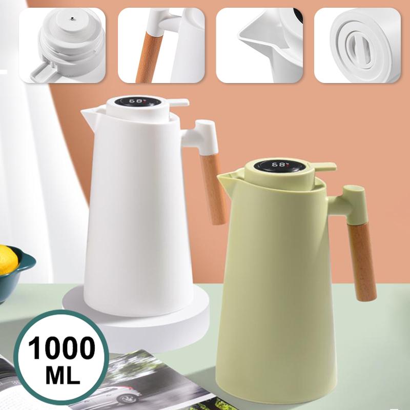 1000Ml Thermos Bottle Nordic Thermos For Hot Water Intelligent Water Heater Kettle Jug Bottle Vacuum Flask Wooden Handle