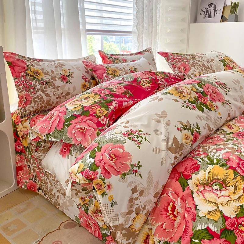 Comforter Romantic Peony Floral Reversible Shabby Flower Comforter With 2 Vintage Farmhouse Bedding Set