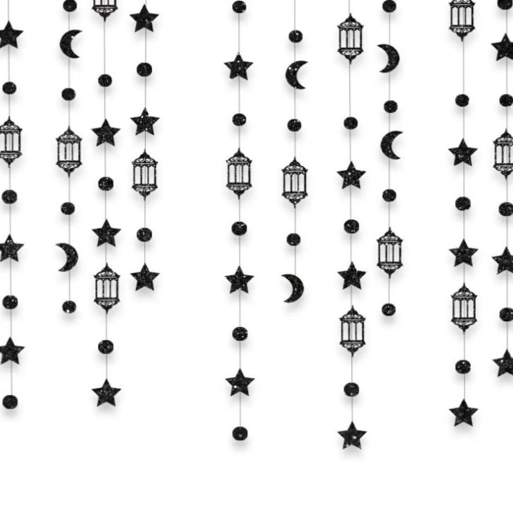 Gold Silver Eid Mubarak Banners Glitter Paper DIY Paper Star Moon Lantern Ceiling Hanging Pull Flag Hang Garland