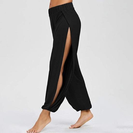 Women Harem Pants High Waist Side Slit Design Wide Leg Casual Trousers Solid Color Hip Hop Style Yoga Dance Pants