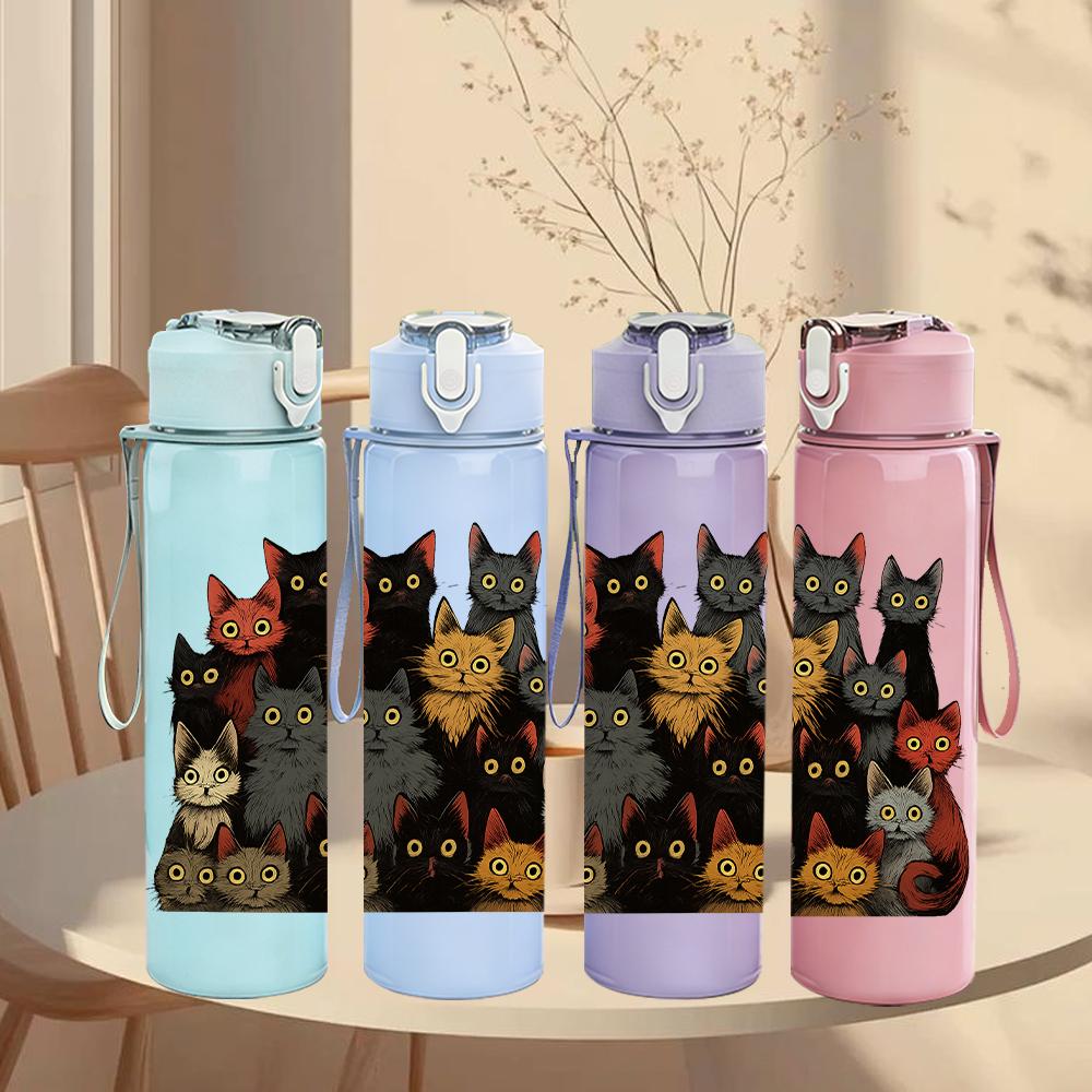 1PC Multi Breed Cat Group Collage 750ml Color Plastic Sports Water Bottle Leakproof Flip Straw Lid For Sports Office Home Use