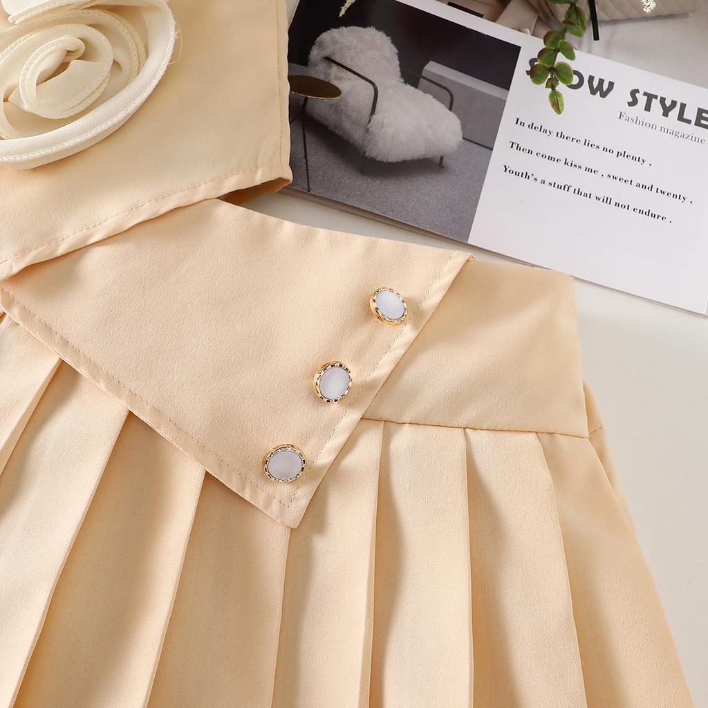 2PCS Girls Flower Applique Sleeveless Vest & Pleated Skirt Set, Button-Down Two-Piece Outfit