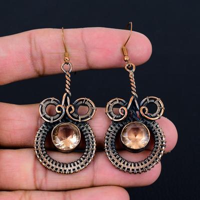 Morganite Gemstone Handmade Pure Copper Wire Wrapped Earring Jewelry For Thanksgiving