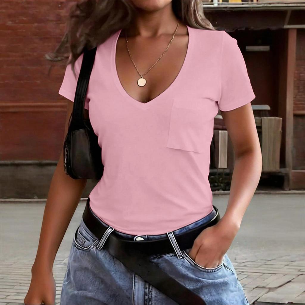 Womens Short Sleeve V Neck T Shirt with Pocket Casual Basic Loose Fit Tee Soft Lightweight Fabric Top