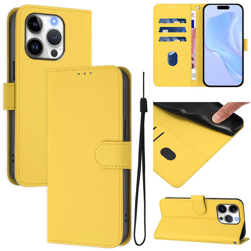 For iPhone 16 Pro Case Solid Color Wallet Leather Phone Cover with Strap