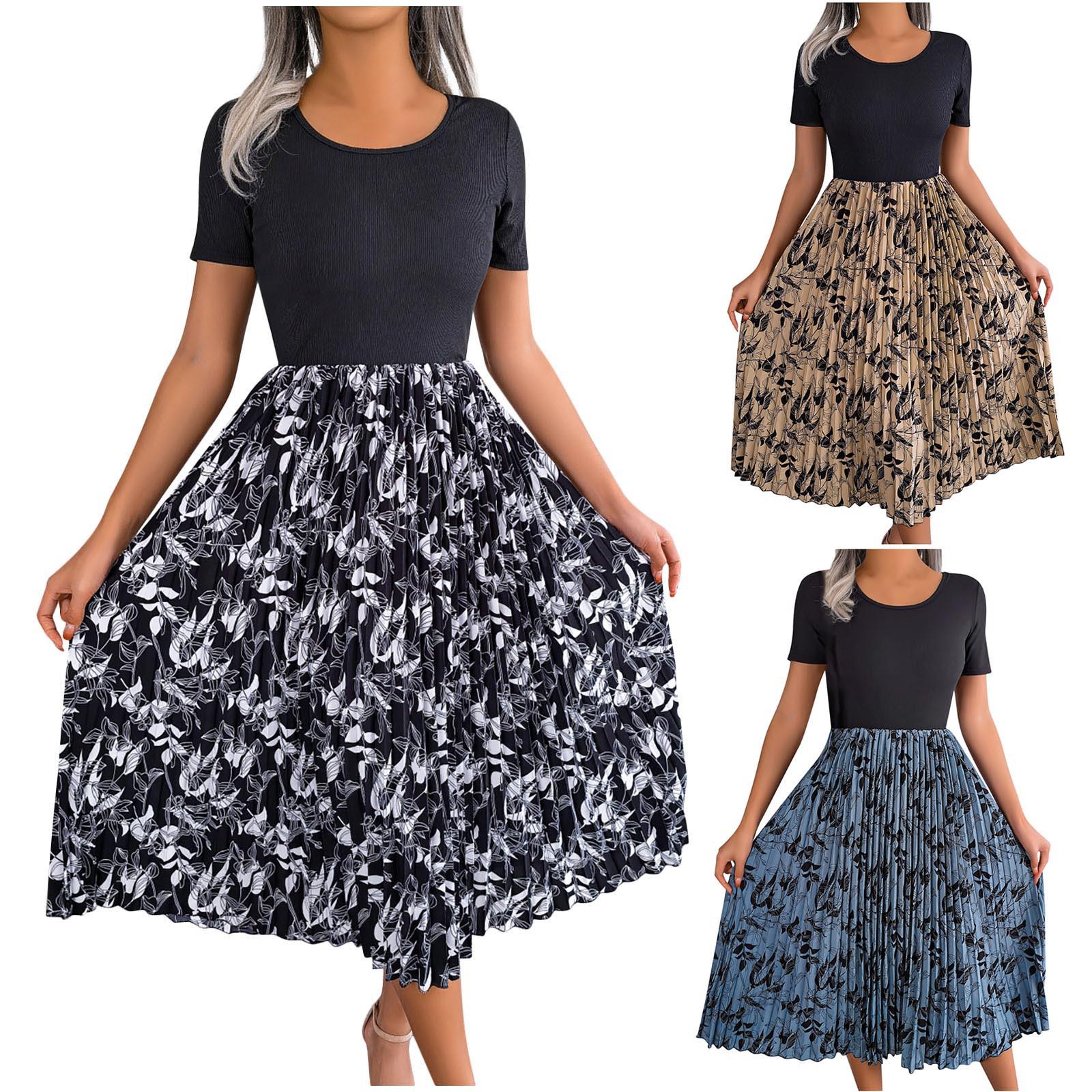 

Женское повседневное плиссированное платье с круглым вырезом в стиле пэчворк и высокой талией