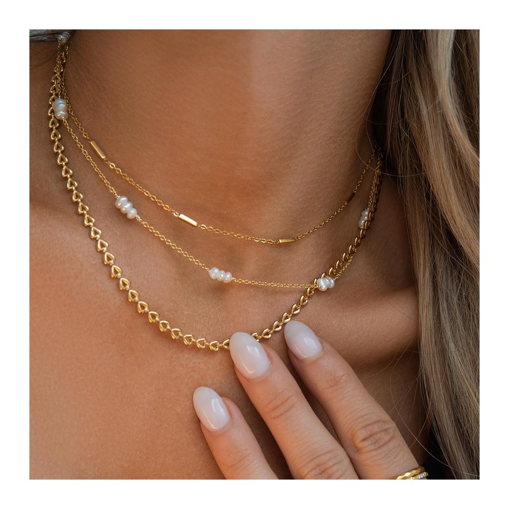 Ladies 18K Gold Plated Stainless Steel Chain Choker Necklace Sets Minimalist Jewelry Pearl Bead Layered Necklaces for Women
