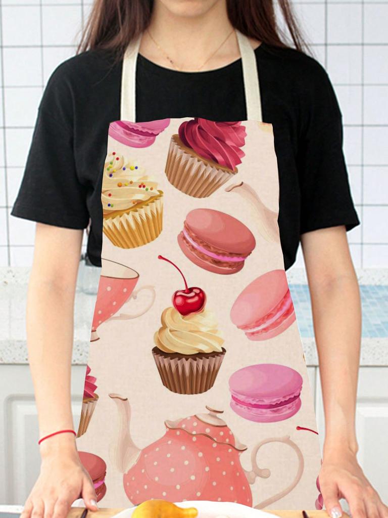 1pc Cupcake Macaron Tea Time Print Apron Polyester Kitchen Apron For Cooking Baking Home Use