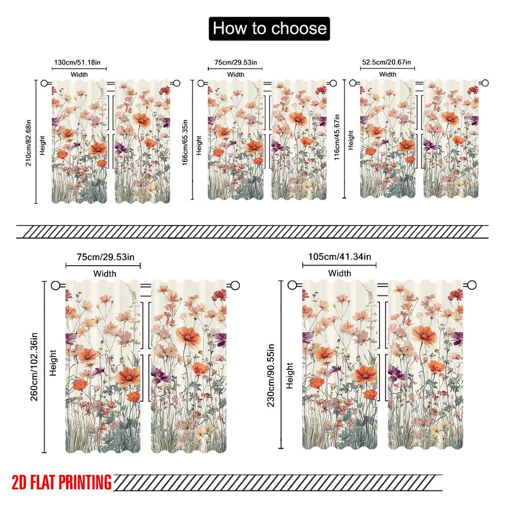 2pcs,2D Plane Printing Pattern Curtains Pastel Wildflower Bouquet Versatile Fabric (without Rod) Art Deco Festive Ldeal for