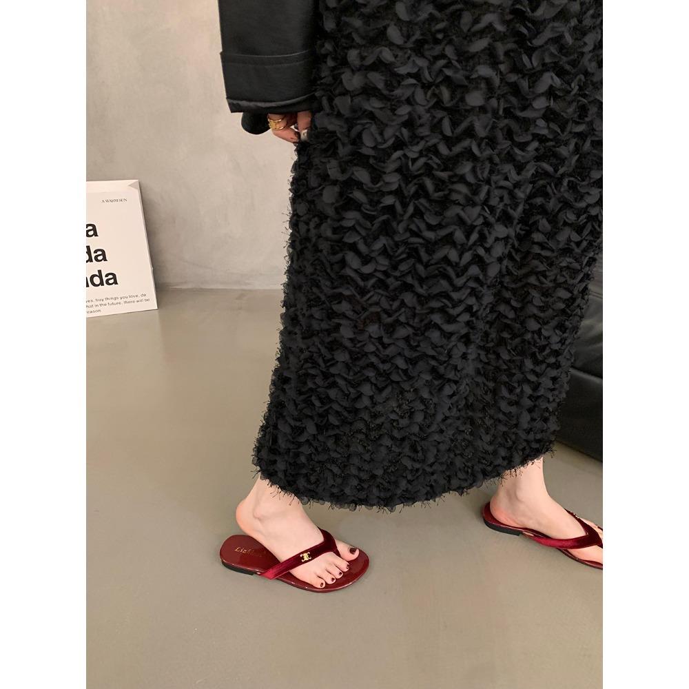 Luxury Velvet Flip Flops Woman Brand Design Deep Red Velour Slippers Ladies Flat Thong Sandals Summer Casual Shoes