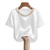 Spring Summer French Style Pearl Round Neck Satin Short Sleeve Shirt T-shirt