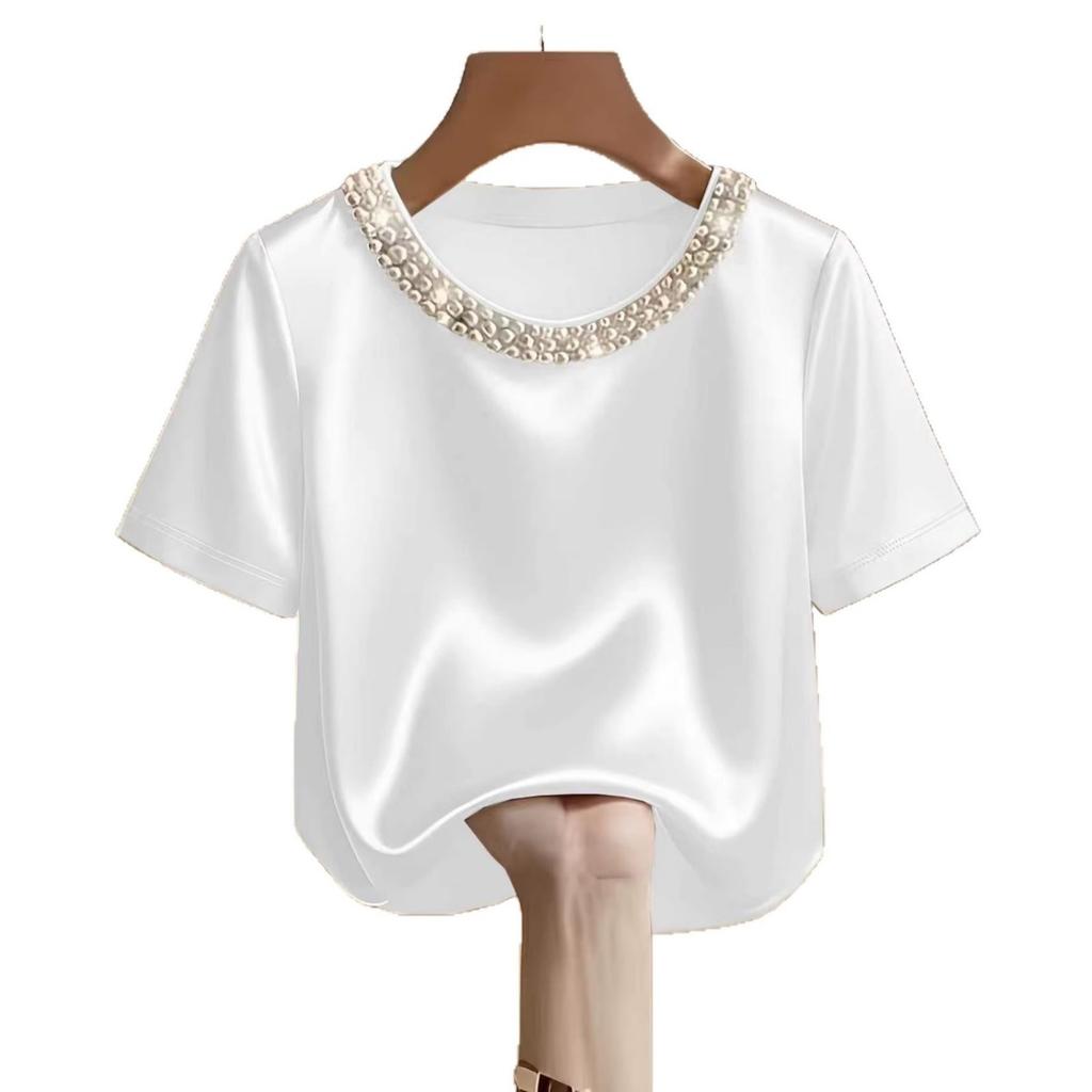 Spring Summer French Style Pearl Round Neck Satin Short Sleeve Shirt T-shirt