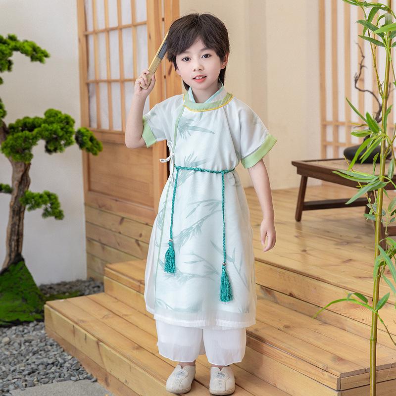 2025 Summer New Children's Bamboo Hanfu Set: Short Sleeve Ancient Chinese Style Robe for Boys.