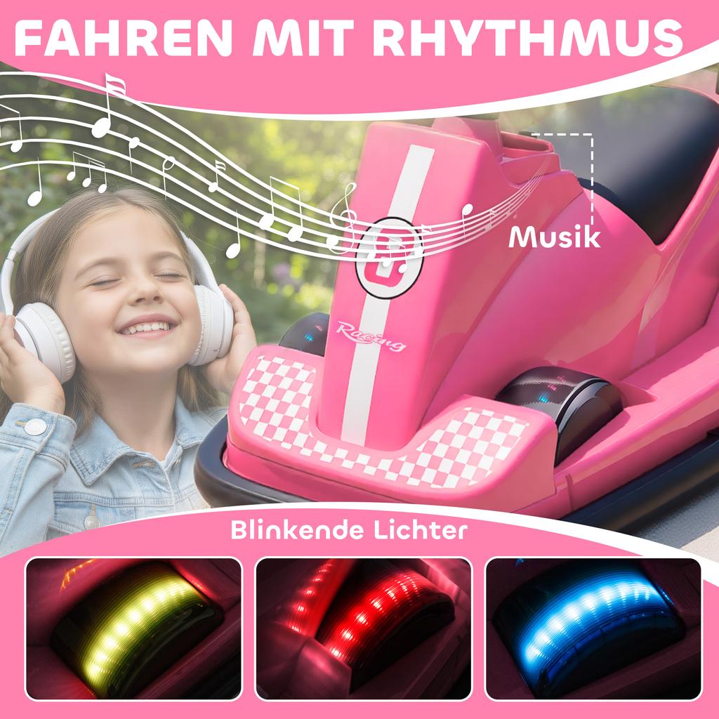 Bumper Car for Kids, 360-Degree Rotatable, Steering Wheel, LED Lights, Music Function, 3-8 Years, Pink