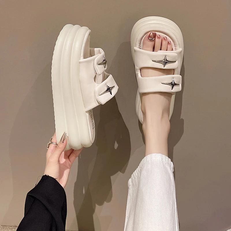 7cm Heels Chunky Platform Slippers For Women Open Toe Leather Wedges Sandals Woman Summer Thick Bottom Female Beach Flip Flops