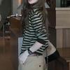 Korean Early Autumn Fashion Long Sleeve Tee Spring Fall Versatile Women Green Stripe Color Block Patch Top