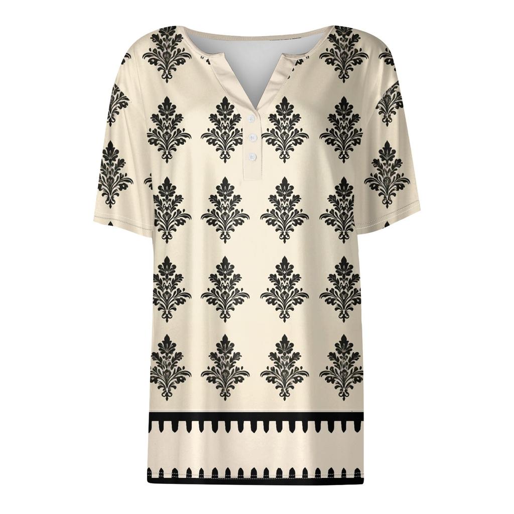 Women's T Shirt Tee Print Button Short Sleeve Daily Weekend Fashion Basic V- Neck Regular Top