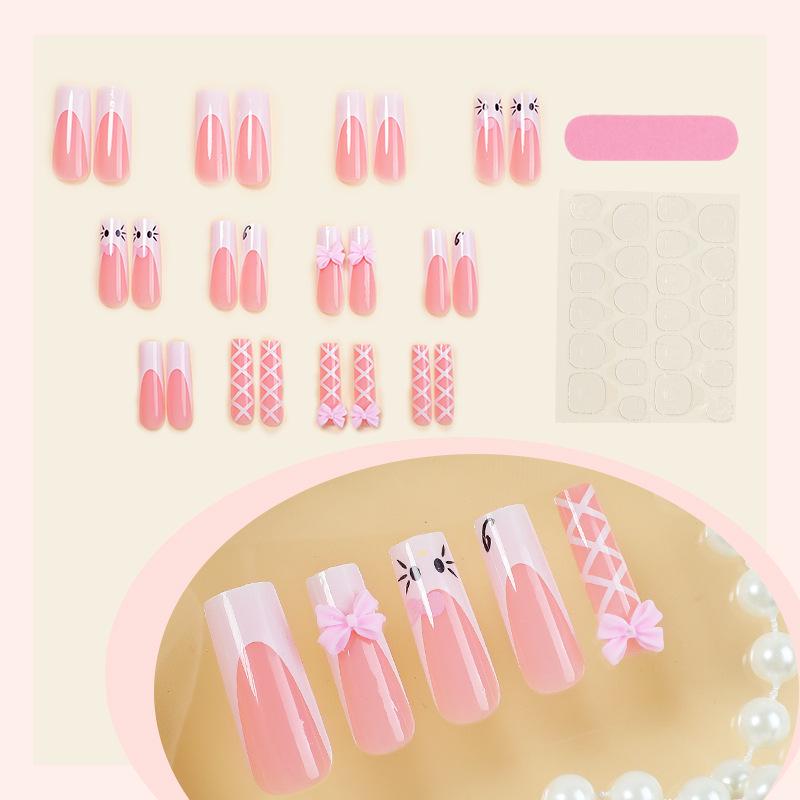 Handmade Extra Long Pink Bowknot Kitty Cat Nail Art Stickers