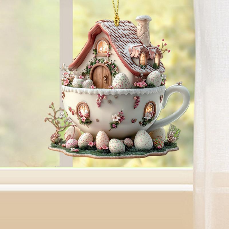 Easter Pendant 2d Flat Acrylic Coffee Cup House Easter Egg Ornaments Coffee Cup House Easter Egg Hangable Decor Party Supplies